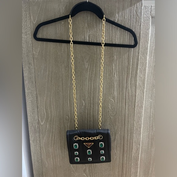 Prada Tessuto Nylon Black Flap Handbag w Emerald and Clear Crystals - Picture 3 of 12